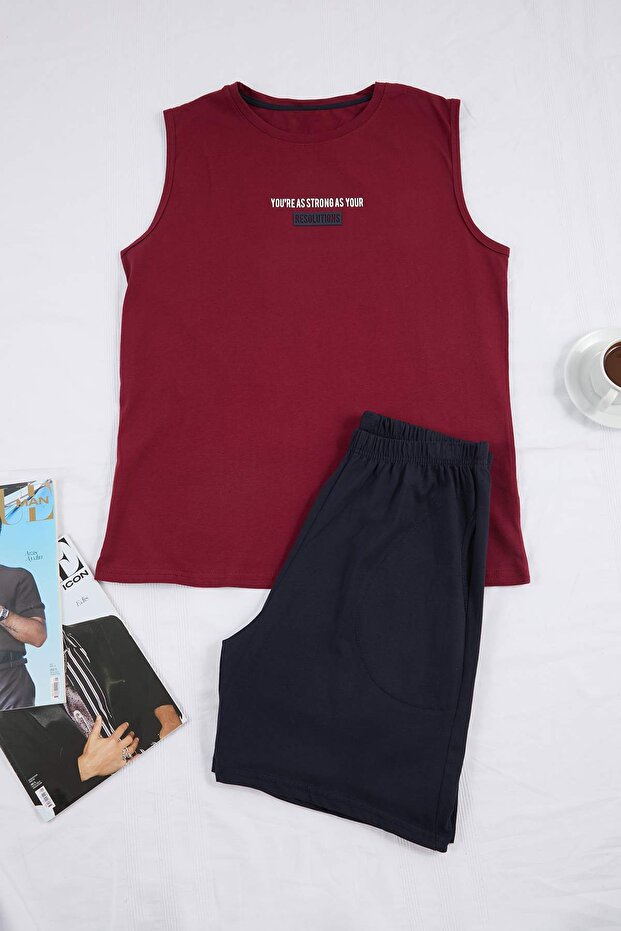 Bordo Regular/Normal Kesim Baskılı Pamuklu Atlet-Şort Pijama Takımı TMNSS26PT00045 - 5