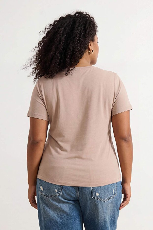 Kahverengi-Taş 2'li Paket Basic V Yaka %100 Pamuk Örme Büyük Beden T-Shirt TBBSS22TS0705 - 2