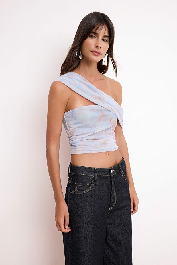 Lila Mermer Desen Asimetrik Yaka Sandy Tül Party Bluz TPRSS26BZ00058 - 2