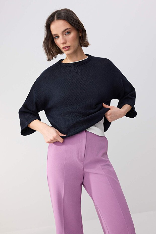 Wardrobe Essentials Lacivert Bisiklet Yaka Triko Bluz TWOSS26BZ00136 - 2