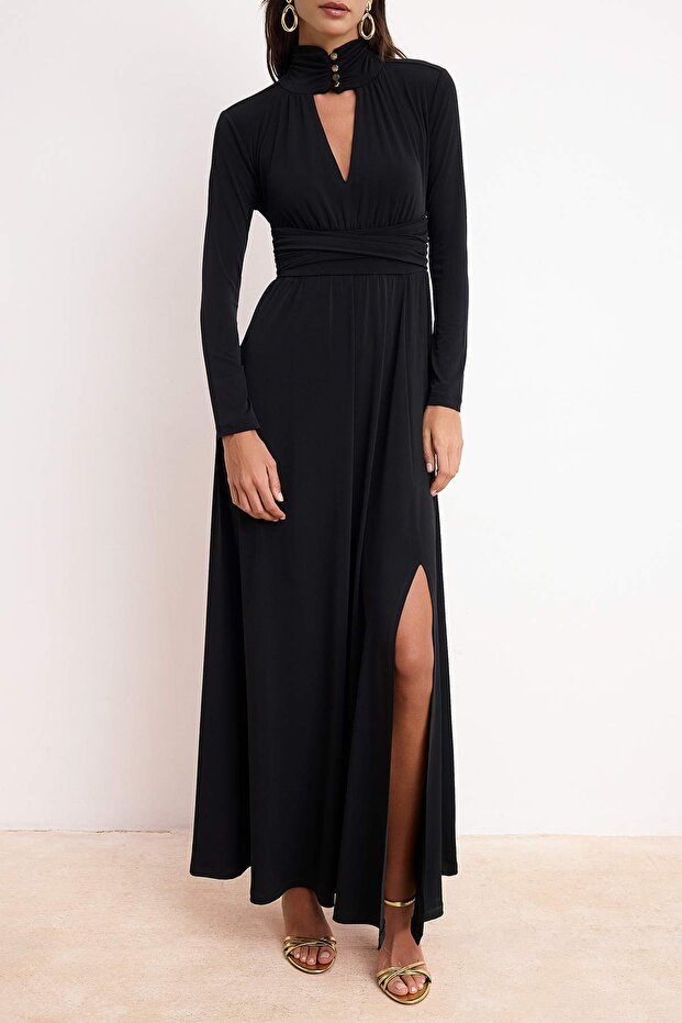 Siyah Aksesuar Detaylı Örme Maxi Abiye & Mezuniyet Elbisesi TPRSS26AE00004 - 3