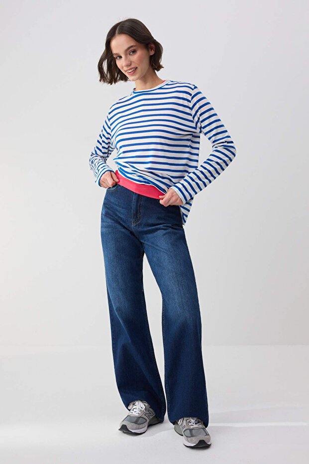 Trendyolmilla Wardrope Essentials Koyu Mavi DÖKÜMLÜ Yüksek Bel Wide Leg Jeans TWOSS26JE00128 - 2