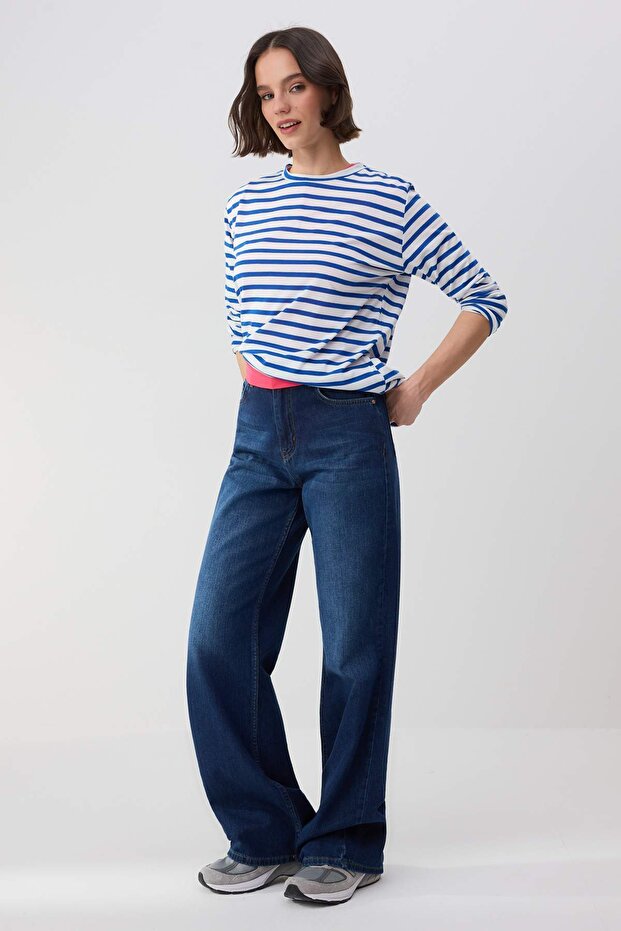 Trendyolmilla Wardrope Essentials Koyu Mavi DÖKÜMLÜ Yüksek Bel Wide Leg Jeans TWOSS26JE00128 - 3