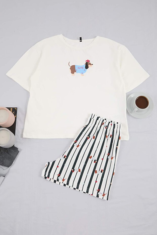Teen Beyaz-Çok Renkli Köpek Desenli Likralı Yumuşak Tuşe Örme Pijama Takımı THMSS26PT00126 - 2