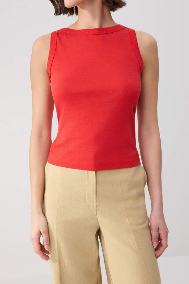 Wardrobe Essentials-Kırmızı Fitted/Vücuda Oturan Kolsuz Pamuk Ribana Örme Atlet TWOSS26AL00043 - 3