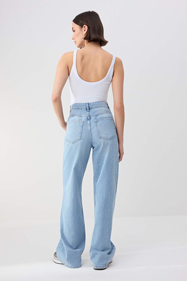 Trendyolmilla Wardrope Essentials Açık Mavi DÖKÜMLÜ Yüksek Bel Wide Leg Jeans TWOSS26JE00128 - 4