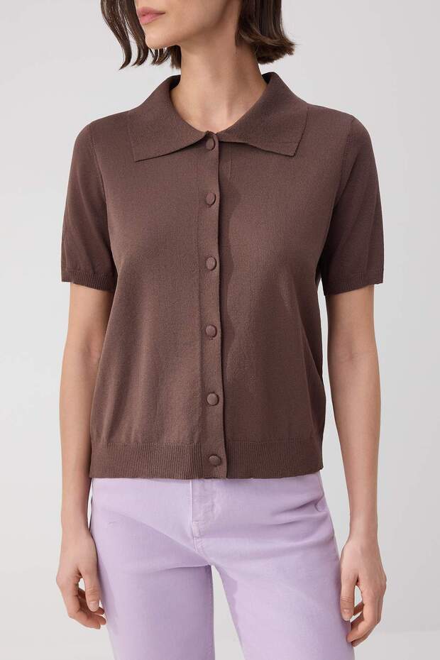 Wardrobe Essentials Kahverengi Premium Polo Yaka Triko Bluz TWOSS26BZ00113 - 6