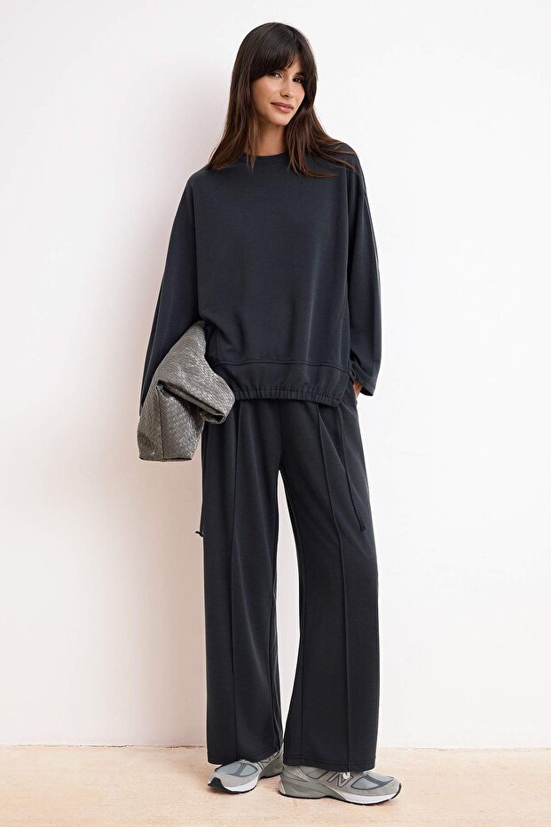 Antrasit Oversize Silky İnterlok Düz Örme Tesettür Alt - Üst Takım TCTSS26US00047 - 1
