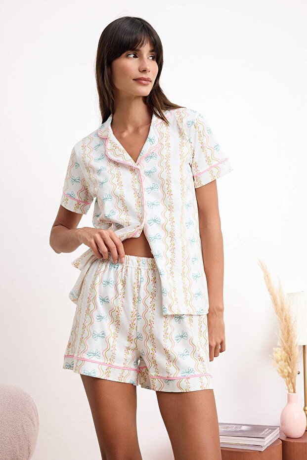 Çok Renkli %100 Pamuklu Çiçek ve Kurdele Desenli Biyeli Örme Pijama Takımı THMSS26PT00118 - 1