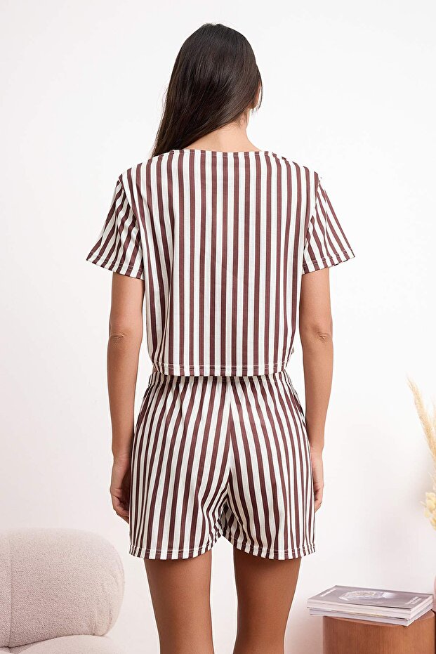 Kahverengi 3'lü Çizgili Kurdele Detaylı Örme Pijama Takımı THMSS26PT00068 - 6
