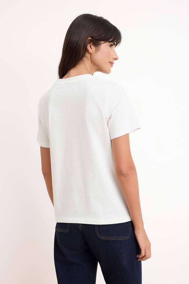 Ekru Regular/Normal Kalıp Kısa Kollu Nakışlı Tok %100 Pamuk Örme T-Shirt TWOSS26TS00063 - 4