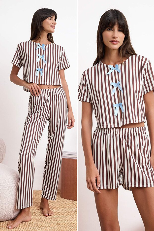 Trendyolmilla  Kahverengi 3'lü Çizgili Kurdele Detaylı Örme Pijama Takımı THMSS26PT00068 - Görsel 2