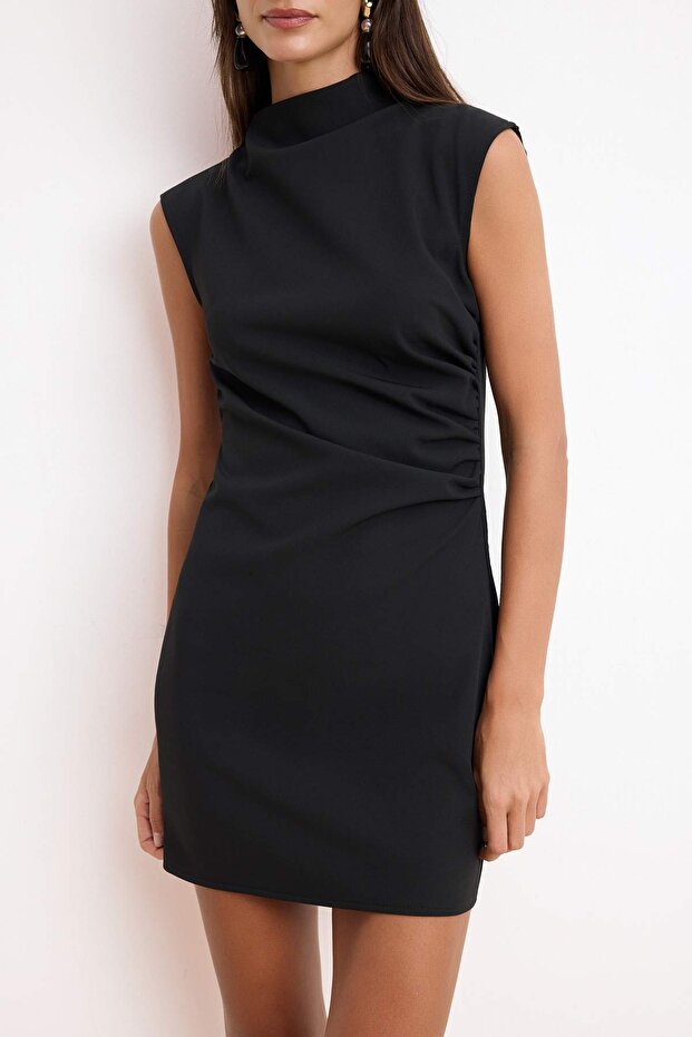 Wardrope Essentials Siyah Drape Detaylı Dik Yaka Kısa / Mini Dokuma Elbise TWOSS26EL00306 - 3