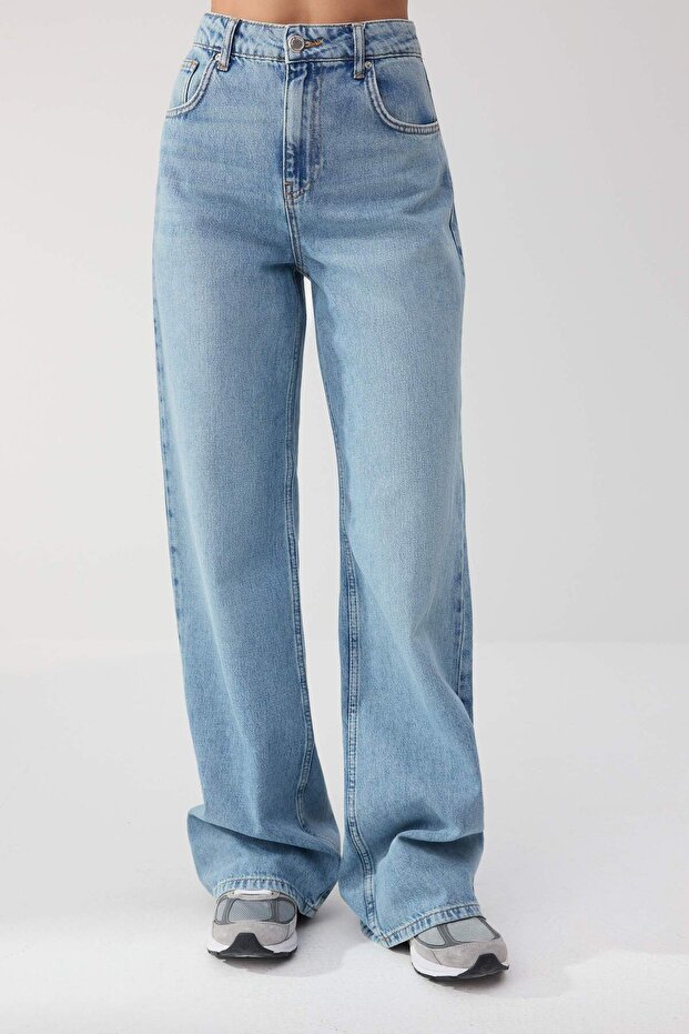Trendyolmilla Wardrope Essentials Mavi Dökümlü Yüksek Bel %100 Pamuk Wide Leg Jeans TWOSS26JE00122 - 3