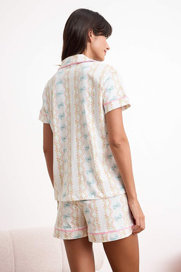 Çok Renkli %100 Pamuklu Çiçek ve Kurdele Desenli Biyeli Örme Pijama Takımı THMSS26PT00118 - 4