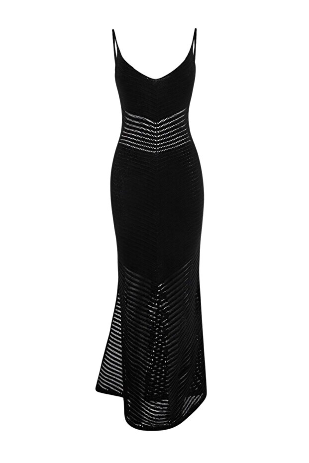 Siyah Örme Maxi V Yaka Plaj Elbisesi TBESS26EL00039 - 5