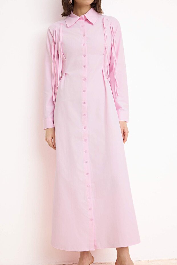 Açık Pembe Pamuklu Kovboy Püskül Detay Astarsız Düz Dokuma Tesettür Elbise TCTSS26EB00094 - 3