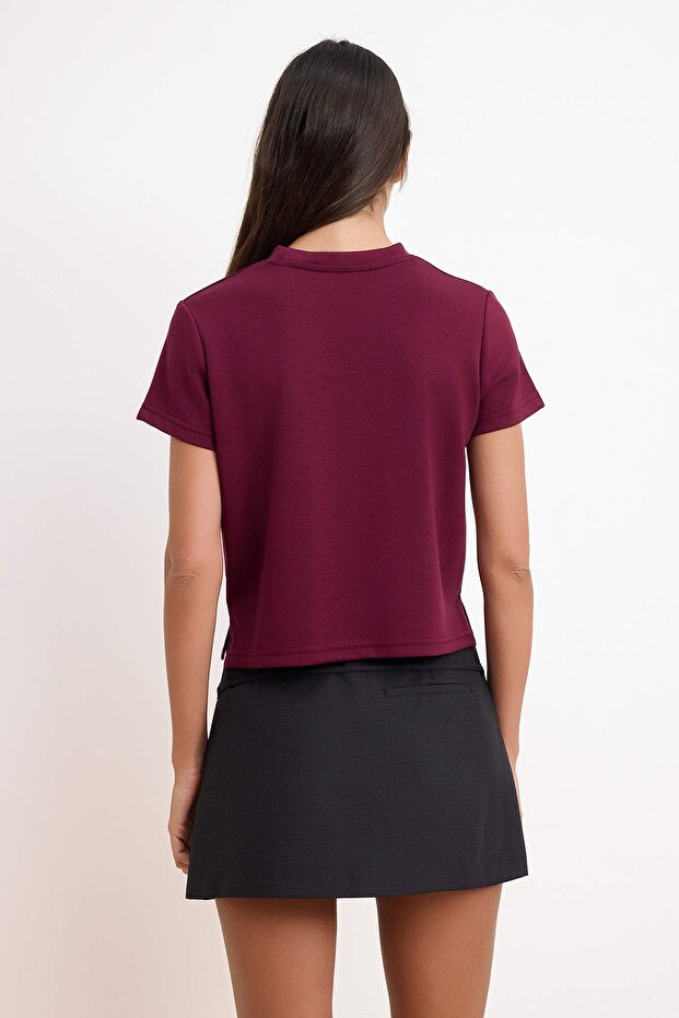 Bordo Düz Regular Bisiklet Yaka Düşük Kol Kısa Soft Touch Örme T-Shirt TWOSS26TS00197 - 4