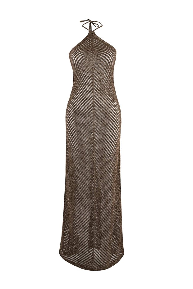 Kahverengi Triko Maxi Plaj Elbise TBESS25EL00150 - 5