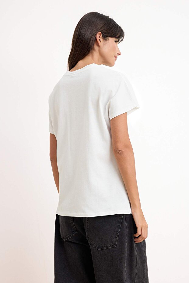 Ekru Çiçekli Regular/Normal Kalıp Düşük Kol Kısa Kollu %100 Pamuk Örme T-shirt TWOSS26TS00072 - 4