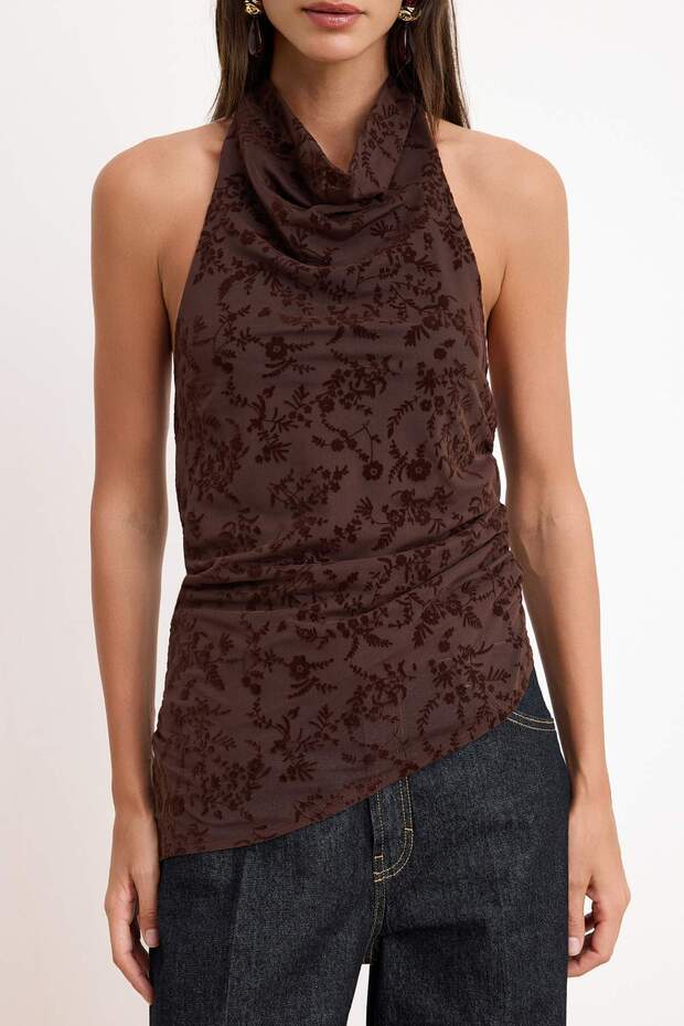 Kahverengi Çiçekli Regular/Normal Kalıp Halter Yaka Kolsuz Tül Örme Bluz TWOSS26BZ00640 - 3