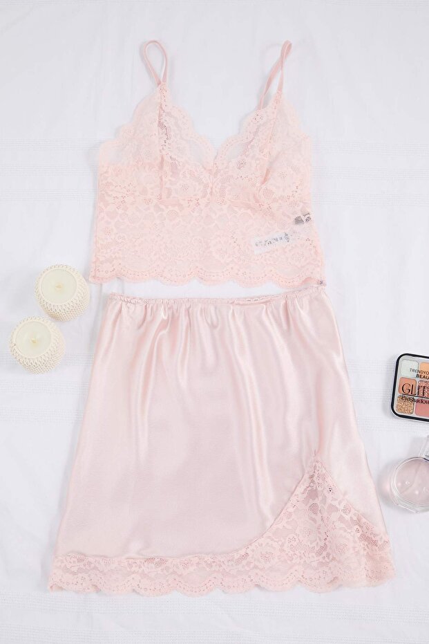 Pudra Dantel Detaylı Etekli Saten Dokuma Pijama Takımı THMSS26PT00100 - 3