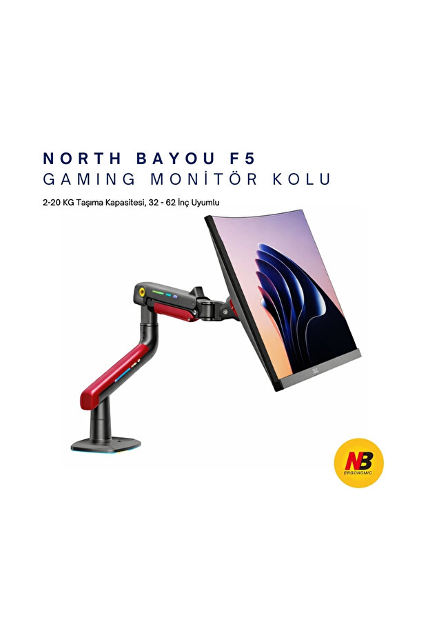 North Bayou NB F5-GR Gaming Monitör Kolu 32-60 inç RGB Işıklı 2-20 KG Yüksek Taşıma Kapasiteli Profesyonel Monit