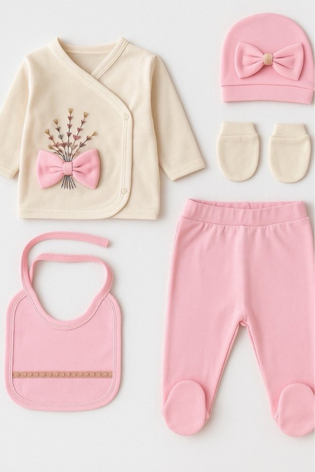 Organic Baby Girl Floral Patterned 5-Piece Jumpsuit Hospital Release Newborn Outfit Bib
