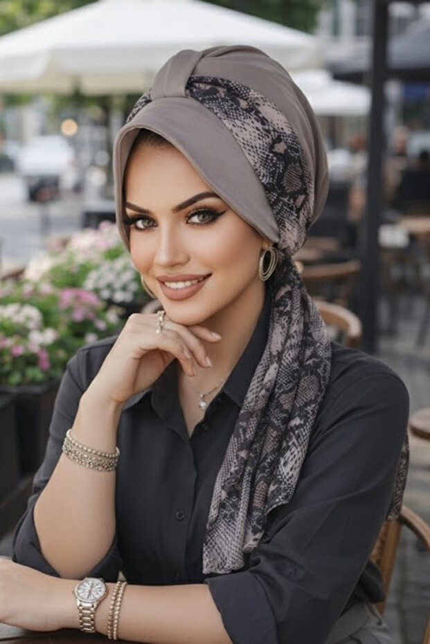 قبعة وشاح بنمط الأفعى الرمادية - 2