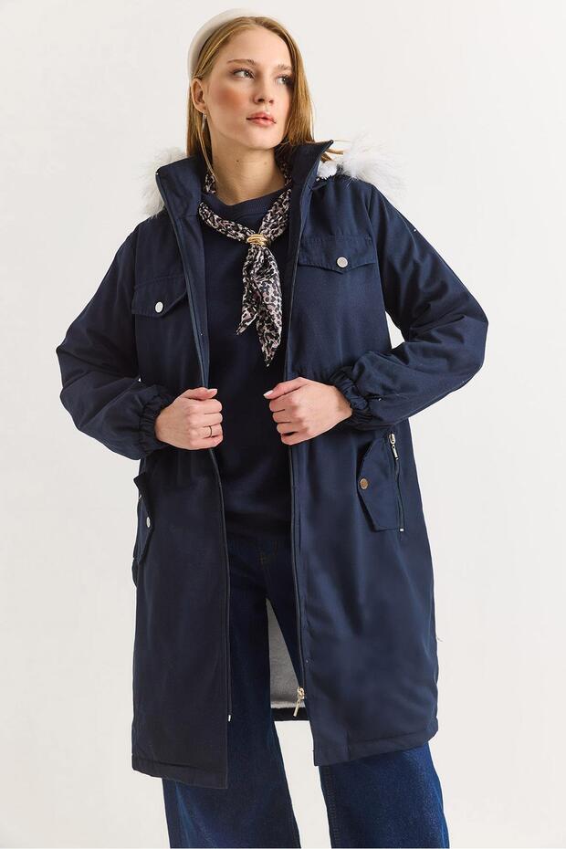 Women's navy blue long length Gabardine fabric inside y Wool coat