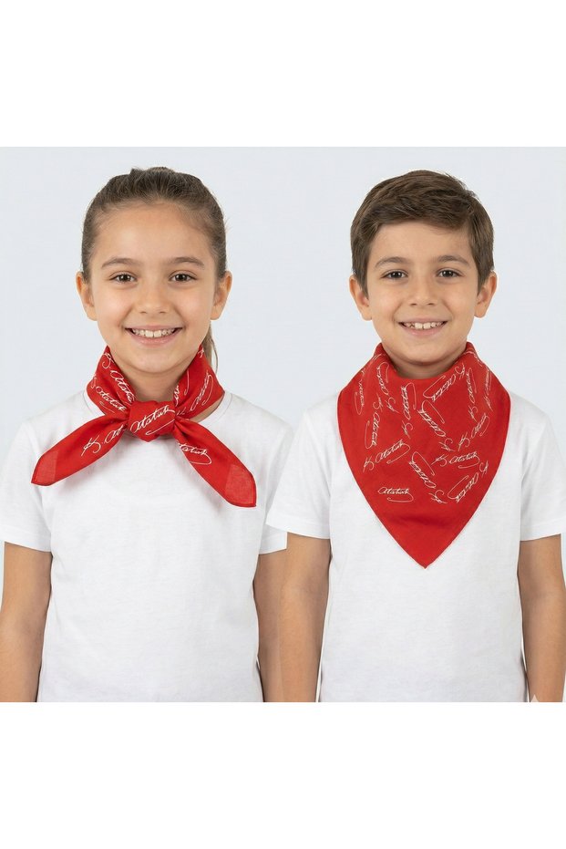 Ataturk Signed Red Scarf / Bandana | Little Signature | Unisex | 52*53 cm | 10 Pieces