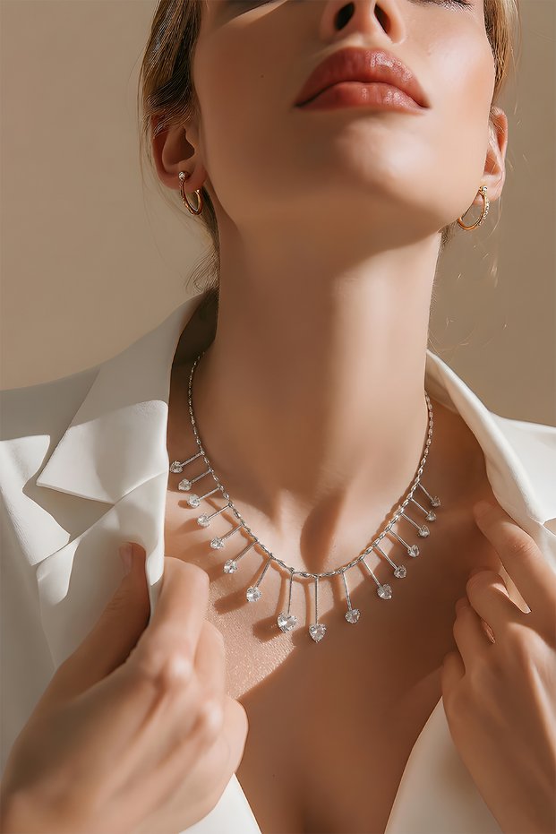 Silver Steel Zircon Stone Drop Heart Design Necklace Alc-X15346