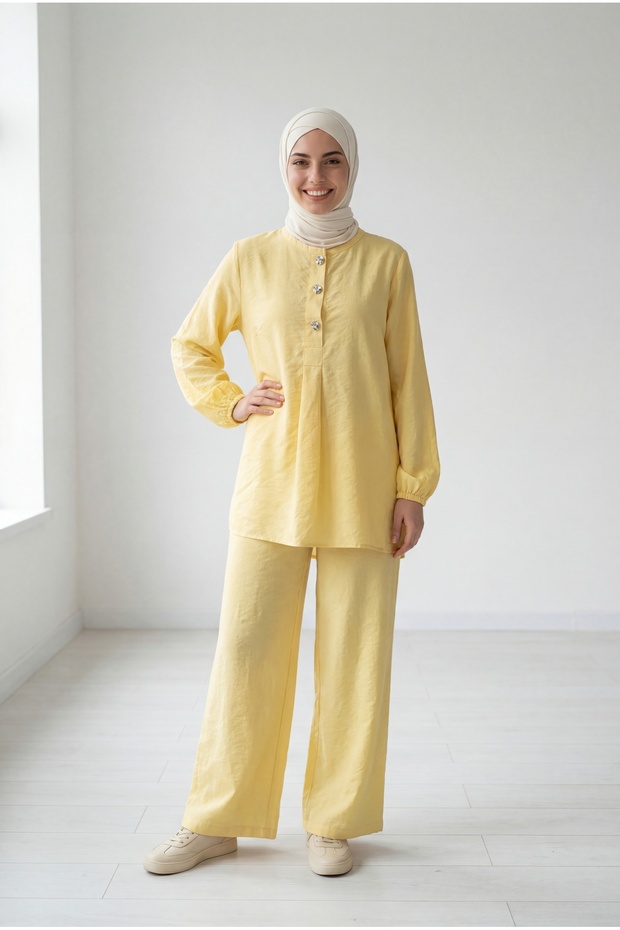 Loruna Balloon Sleeve Button Front Modal Cupra Pants Suit-Nl520 Yellow