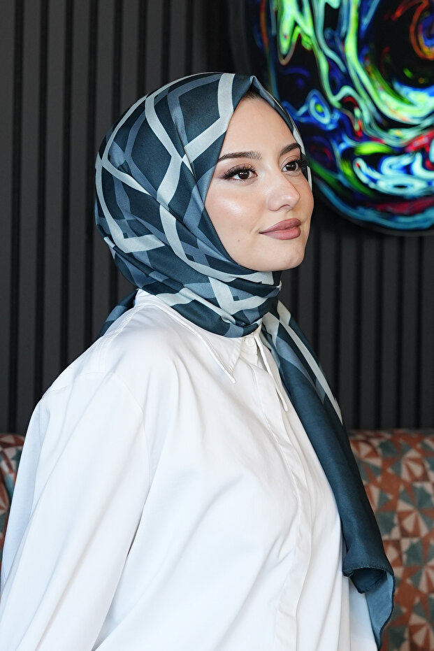 Geometric Pattern Dark Blue Cotton Shawl - 6