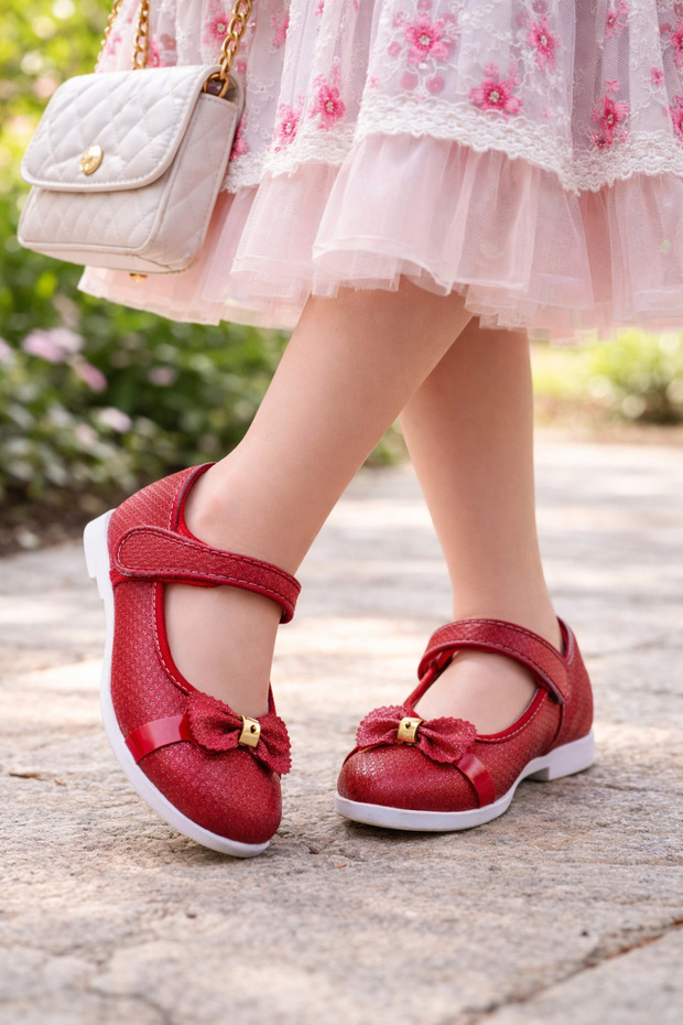 Girl's Babet Velcro Velcro Silver Bow Detail Slip-resistant Lightweight Sole Babet Red