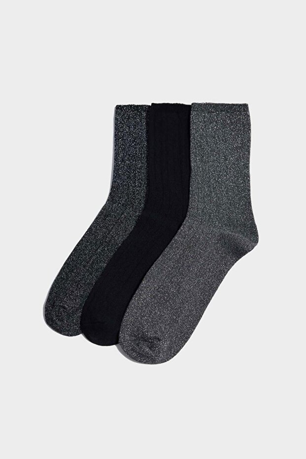 Women's Glittery 3-Piece Cotton Long Socks F8889Axns