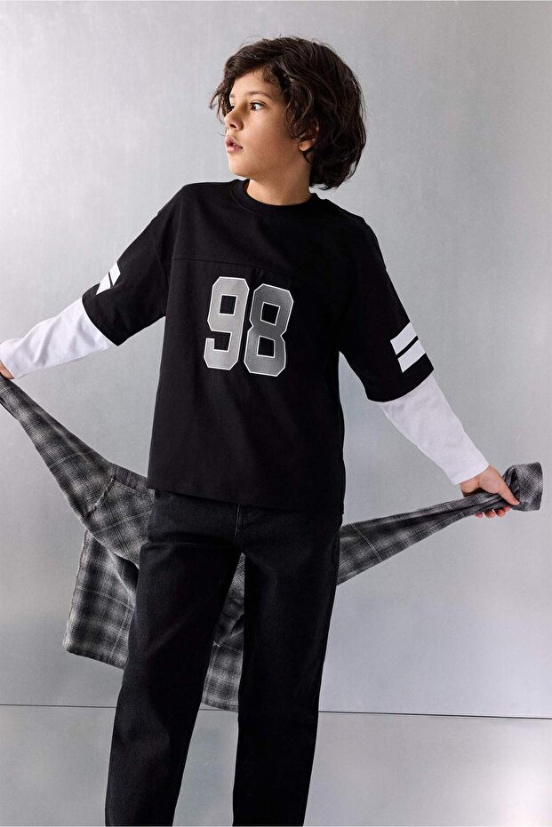 100% Cotton New Regular Fit Crew Neck Slogan Printed Long Sleeve T-Shirt Boys G2482A826Sp