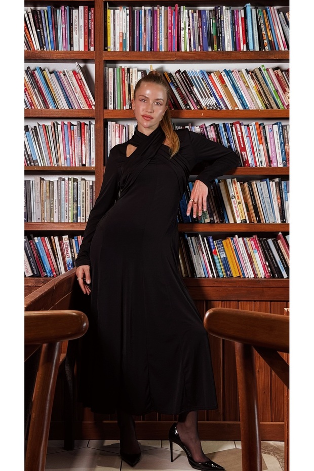 Black Stretch Fabric Collar Detail Mira Long Dress