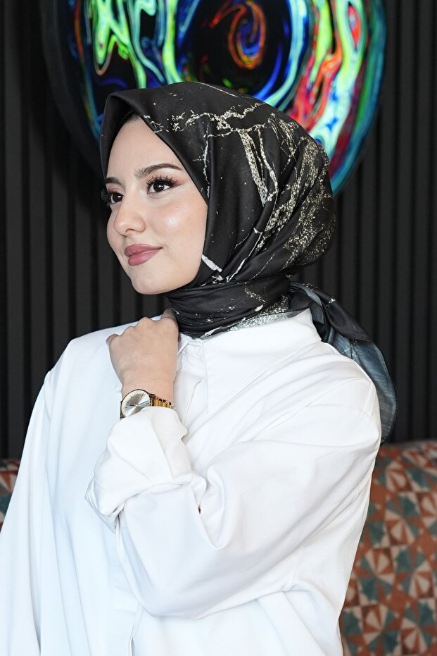 Marble Pattern Black Cotton Scarf - 3