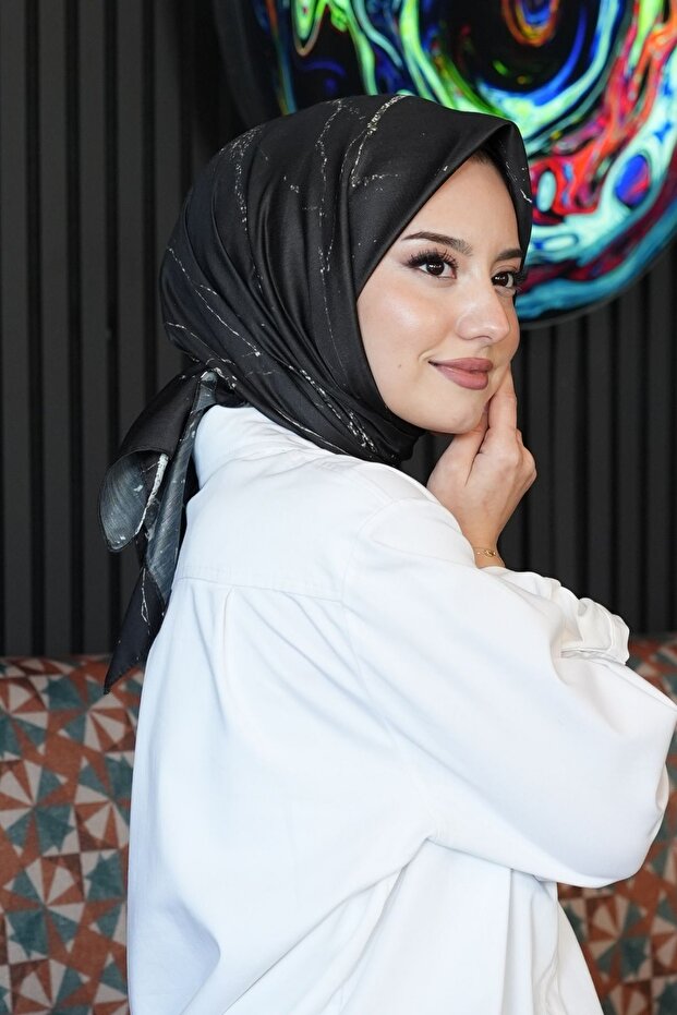 Marble Pattern Black Cotton Scarf - 5