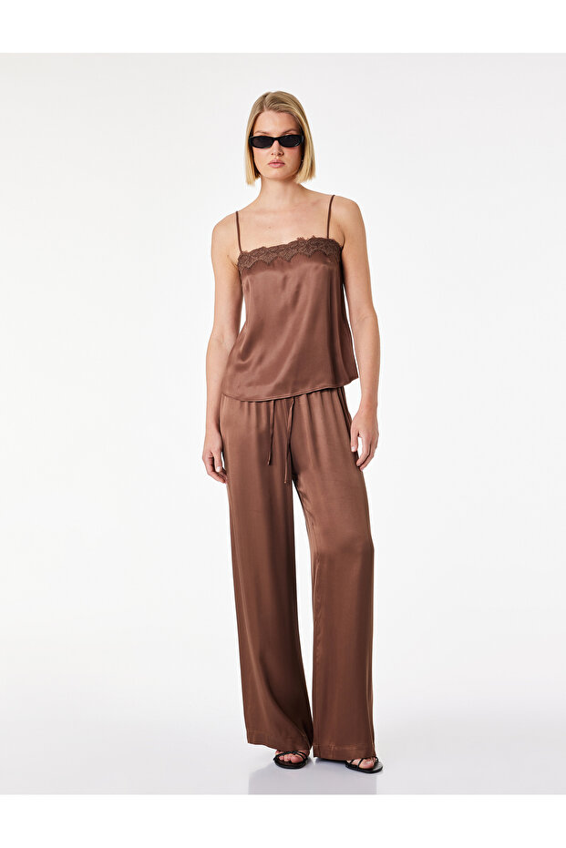 Wide Leg Satin Trousers with Tie Waist