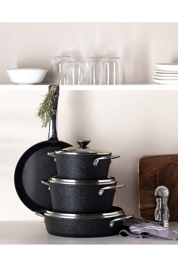 طقم أواني طهي تيتانيوم 7 قطع - أسود - 2