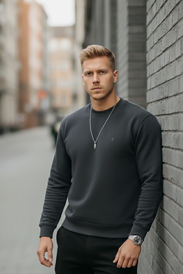 Füme Renk Basic Bisiklet Yaka Relaxed Regular Erkek Sweatshirt - 6