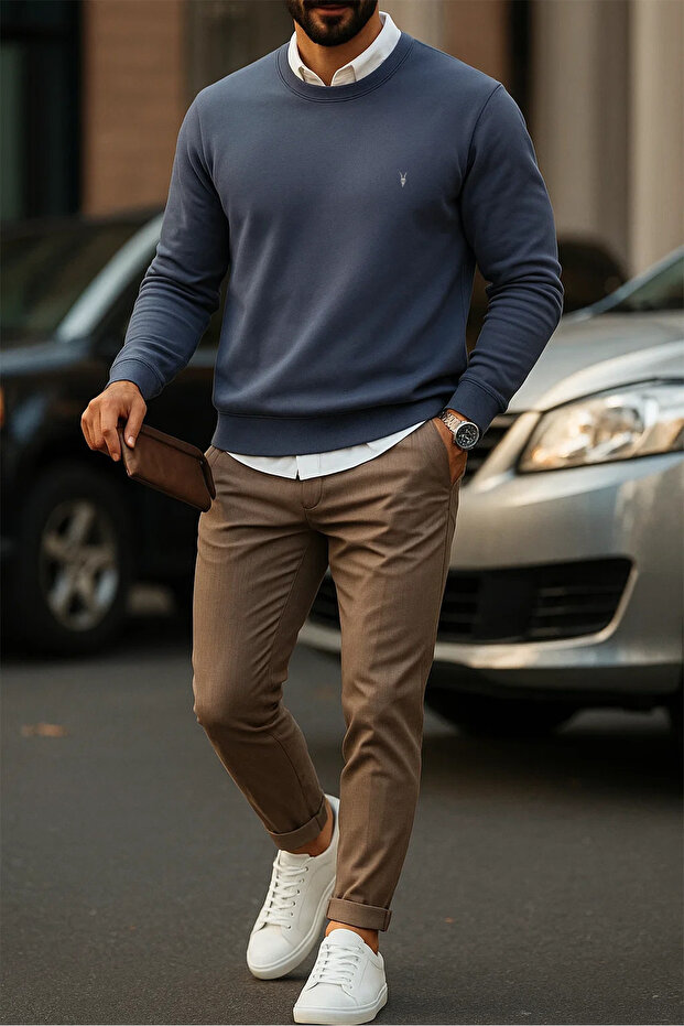 Men's Basic Crew Neck Smoked Sweatshirt - 3