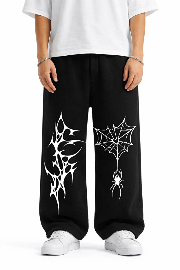 بنطال رياضي أسود للرجال من Premium Spider Web أرجل واسعة