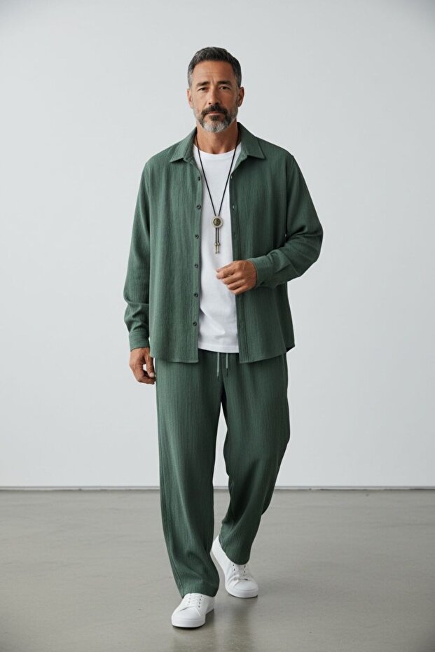 Men's Brown Long Sleeve Shirt Trousers Crinkle Tracksuit Set