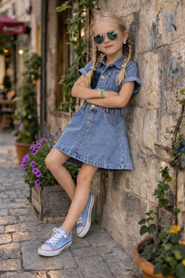 New Season Girl's Pocket Front Button Short Sleeve Cotton Denim Jeans Dress