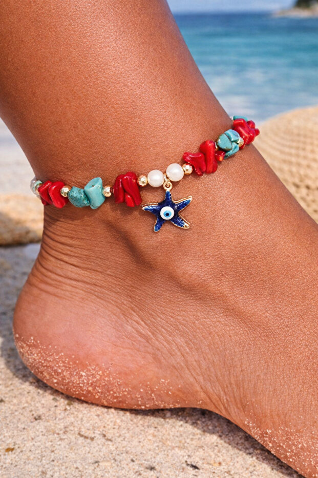 Natural Stone Red Blue Coral Anklet