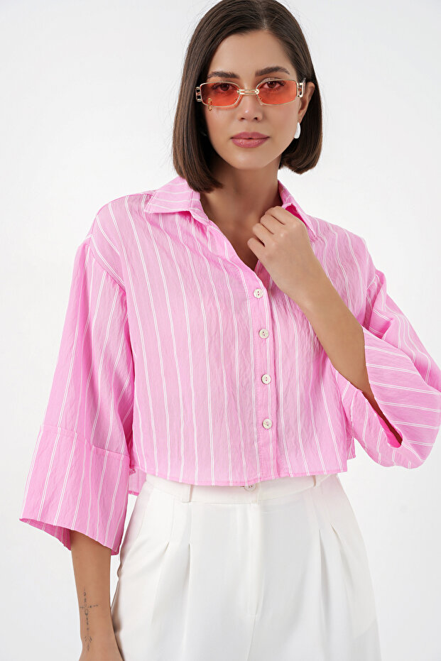 Women's Striped Oversize Short Shirt 20326 - Pink