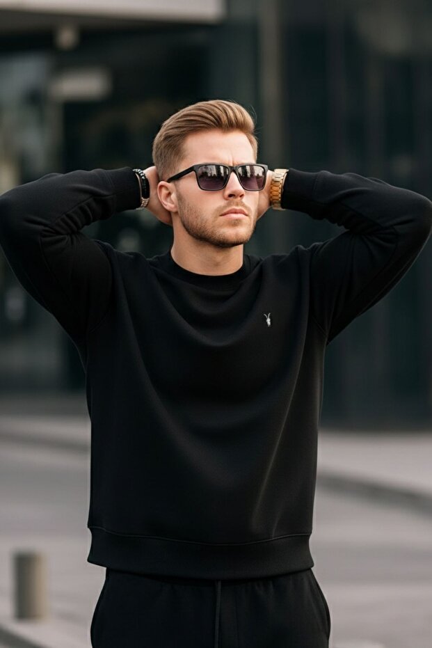 Siyah Renk Basic Bisiklet Yaka Relaxed Regular Erkek Sweatshirt - 3